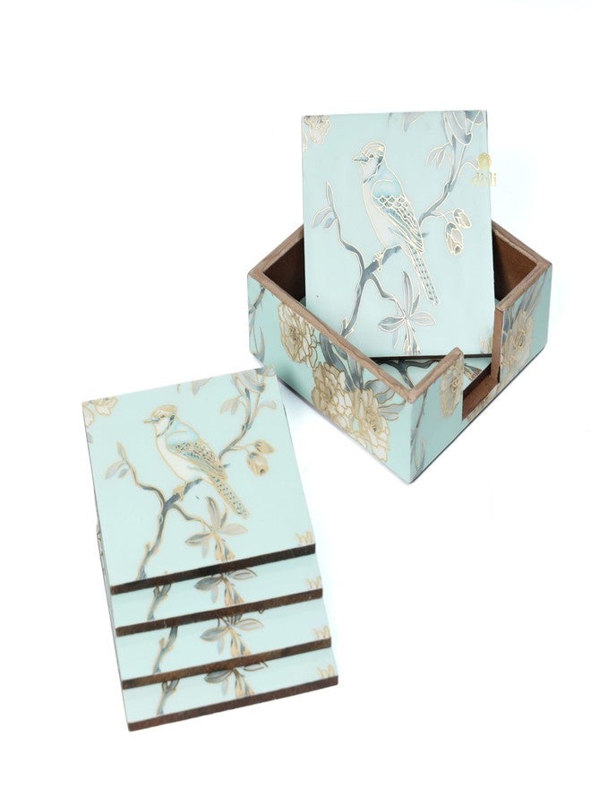 DULI مجموعة DULI من 6 قواعد أكواب خشبية مطلية بالمينا من خشب MDF | قواعد أكواب مع حامل | مجموعة قواعد أكواب لتقديم الشاي | قواعد أكواب مطبوعة | قواعد أكواب من الراتنج (10 × 10 سم) (AquaGoldBirds) - Image 3